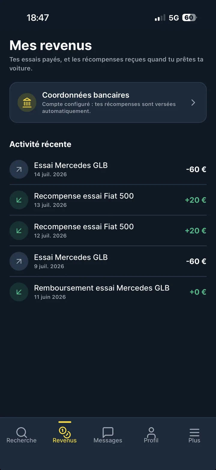 L'application TokDrive : les revenus reçus après chaque essai de sa voiture